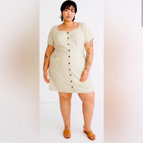 Madewell Linen-Cotton Puff-Sleeve Mini Dress faded seagrass